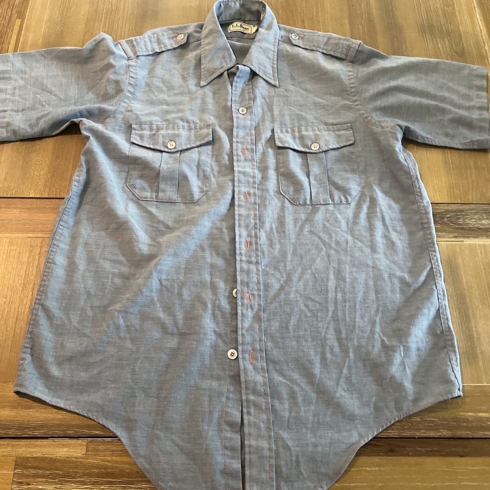 LL Bean Shirt Mens 16  Safari Camp Shoulder Tabs Button Up Short Sleeve VTG